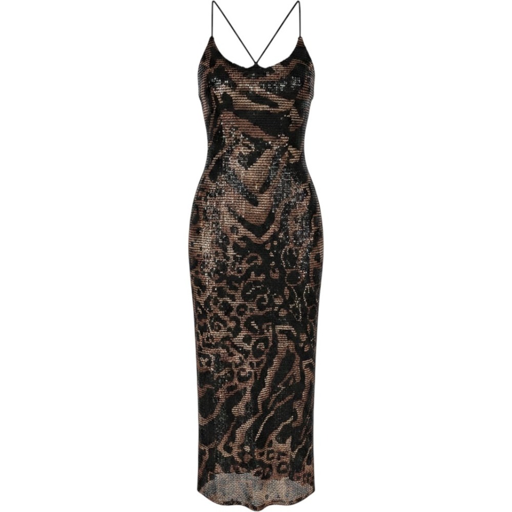 Janine Italy Mesh Overlay Maxi Black Brown Abstract Print date night dress